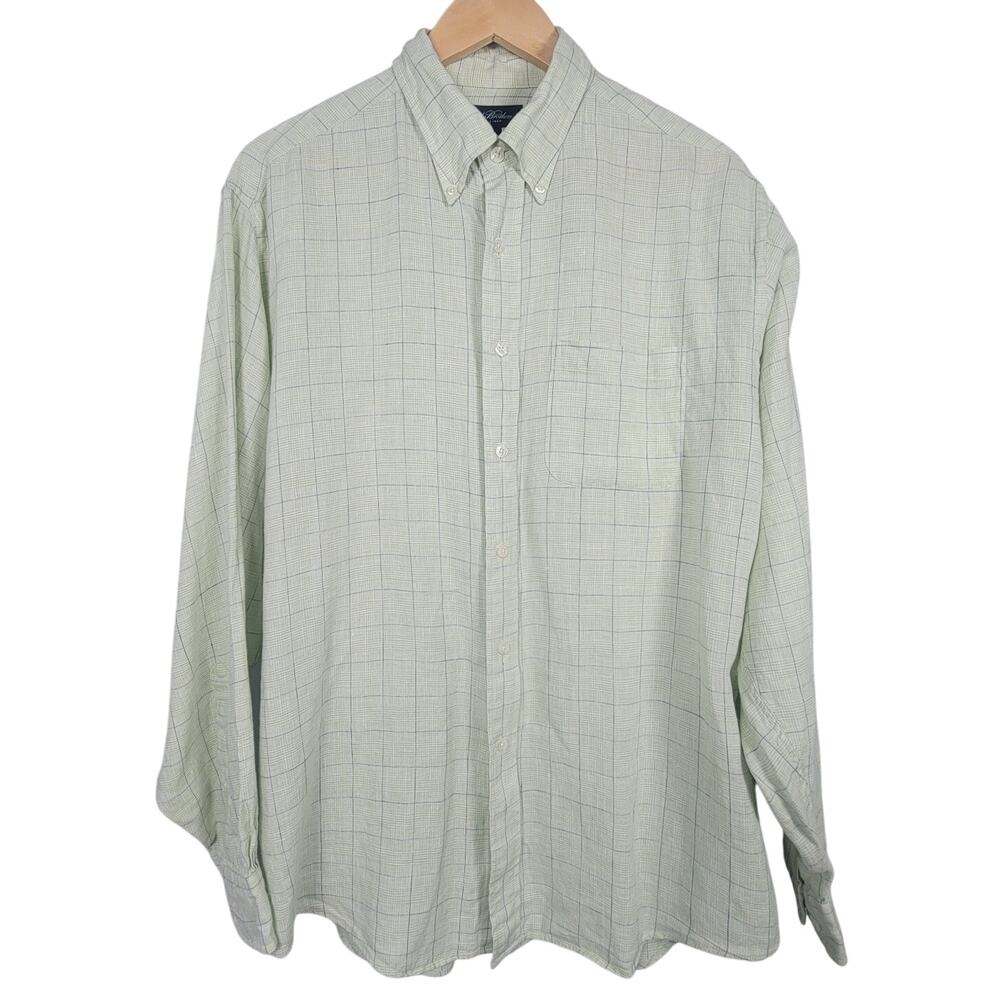 Brooks Brothers Mens L Green Irish Linen Plaid Button Down Shirt